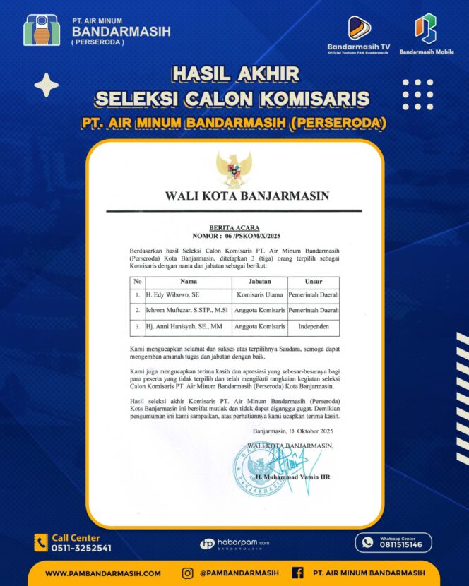 
 Wali Kota Banjarmasin Tetapkan Tiga Komisaris PAM Bandarmasih Yang Siap Bawa Kemajuan.